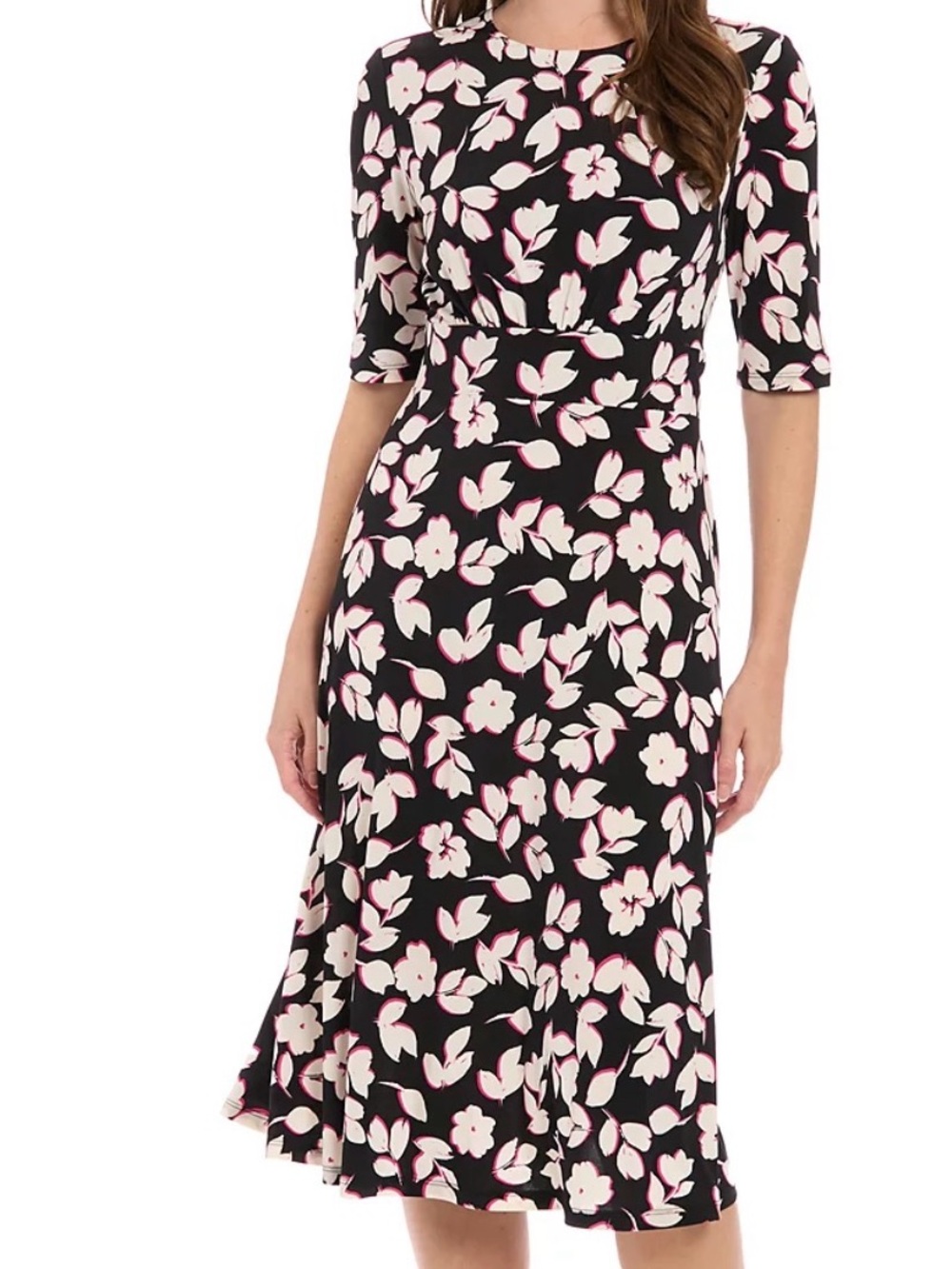 London Times Black Midi Dress with Cream and Pink Floral Print